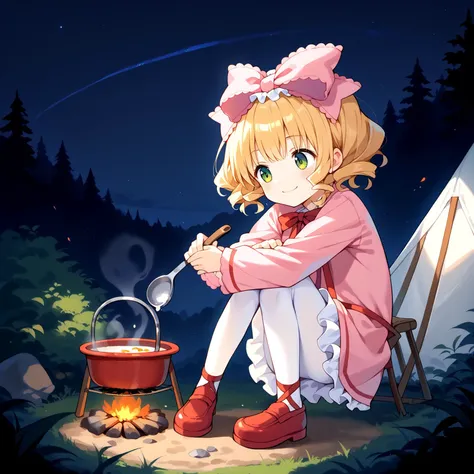 score_9, score_8_up, score_7_up, source_anime, high quality, masterpiece, best quality, (cute mini girl), solo, hinaichigo, dress, ribbon, bow, white pantyhose, sitting on camping chair, hugging own knees,  holding ladle, hanging cooking pot on bonfire, stew, (very happy smile), night, dark background, camping, outdoors, looking at the pot, stary sky,
<lora:Hinaichigo_pdxl_v1.0:1> <lora:cooking_pot:1>