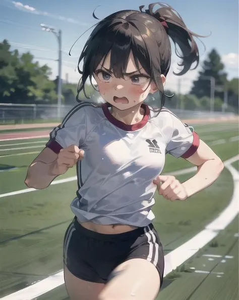 (masterpiece), (absurdres), (solo), (1girl), running, gym uniform, ponytail, sweat, open mouth, breath, heavy breathing, flying sweatdrops, furrowed brow, exhausted, motion blur, running track, clenched hand, speed lines,