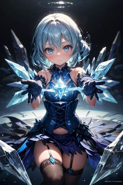 (masterpiece, best quality), 1girl, blue hair, ice hair, blue eyes, ice shards, hands crystal ice, ice blade, blue magic circle, blue corset, black thighhighs, sidelighting, light particles, abstract, <lora:add_detail:1>