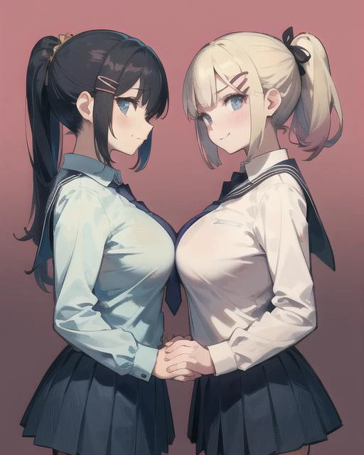 (masterpiece), (absurdres), (2girls), symmetrical docking, gigantic breasts, from side, looking at viewer, frown, smile, holding hands, cowboy shot, school uniform, open clothes, ponytail, heart, hairclip, necktie, pink background, gradient background,