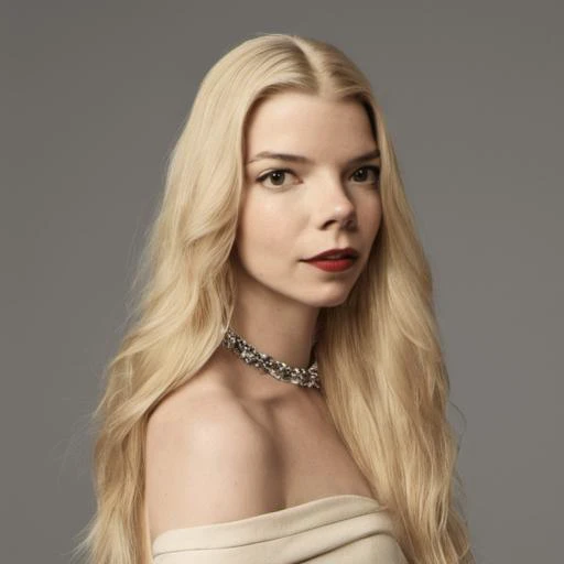 <lora:loha_wd14_atj:1>4tj, atj, Anya, Anya Taylor-Joy, Anya Taylor Joy, 1girl, solo, long hair, blonde hair, looking to the side, ring, realistic, jewelry, lips, simple background, bare shoulders