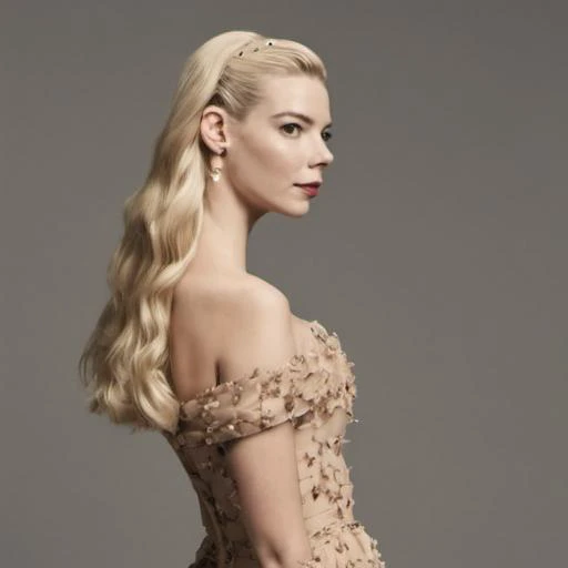 <lora:loha_wd14_atj:1>4tj, atj, Anya, Anya Taylor-Joy, Anya Taylor Joy, 1girl, solo, blonde hair, long hair, looking at viewer, realistic, looking back, mole, bare shoulders, dress, lips, parted lips, simple background