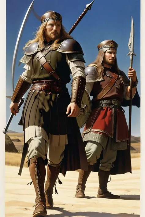 two standing viking warriors with round shields illustrated by angus mcbride, by angus-mcbride-style