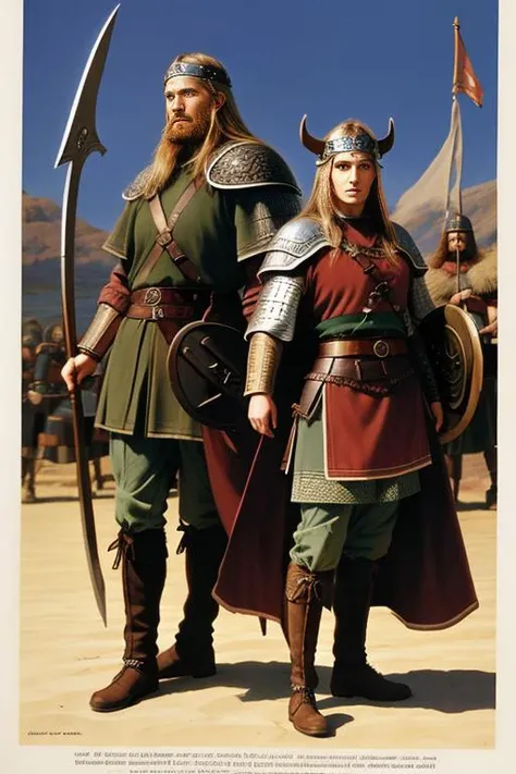 two standing viking warriors with round shields illustrated by angus mcbride,