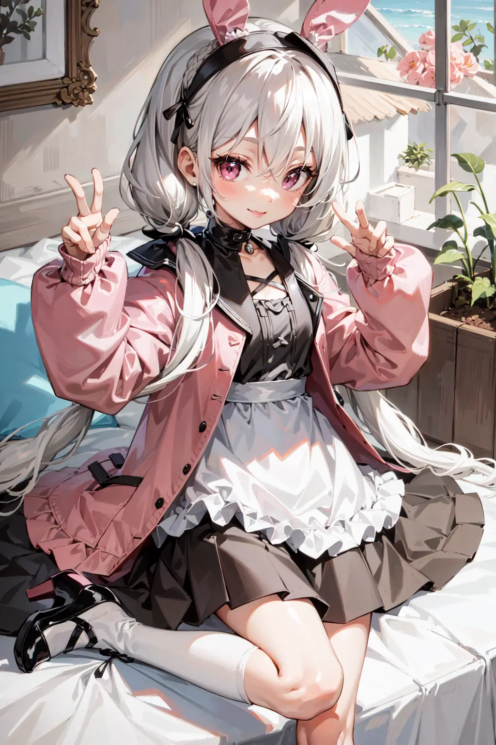 best_quality:1.4, very long eyes, very huge eyes, (Toddler), (li), very small height, white hair, (low twintails:1.4), pink eyes, casual dress, heels, jacket, smile, bunny ear,