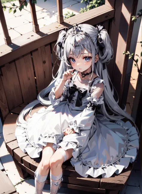 best quality:1.4, very long eyes, very huge eyes, (child:1.4),([silver mesh:blue mesh:0.4]:1.4) hair,(long two side up:1.4) hair,(branch tiara:1.2),parted bangs, (white dress:1.2),skirt,buttons, choker,ribbon,long_sleeves,blue eyes,