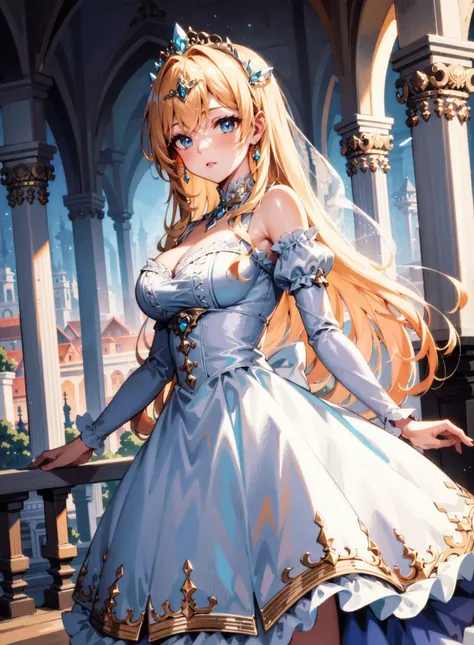 rococo, crystal clear, sparkling, otherworldly, (enchanting and magical), highres, ultra detailed, beautiful, masterpiece, best quality, (gorgeous:1.2), (dreamy), (ethereal:1.2), long flowing hair, delicate white lace dress, (tiara:1.2), (sunset) background, (soft) lighting, (romantic), (nostalgic:1.2), (serene), (mystical), (feminine), detailed shining light blue eyes, detailed shining dark yellow hair, impressive castle, towering turrets, winding bridges, flowing fountains, glittering chandeliers, ornate details, lush gardens, colorful flowers, magical creatures, dreamy atmosphere