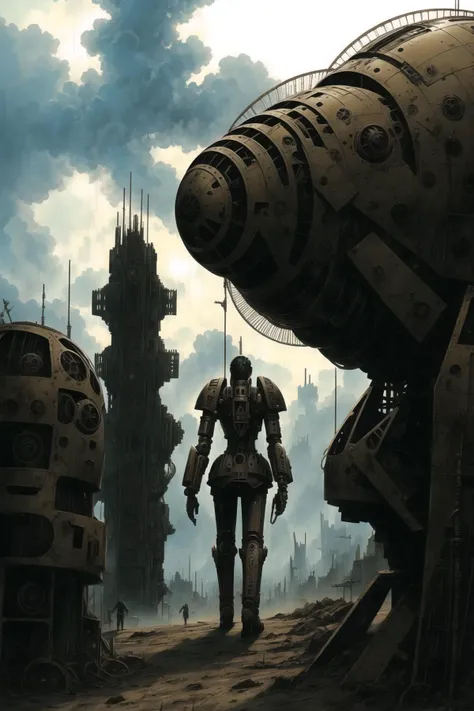 postapocalyptic, ruins, warhammer40k, warhammer, cyberpunk, biomechanical, blame, techno horror, ultra detailed, tim burton (style), junji ito (style), <lora:gazebonoir:1>