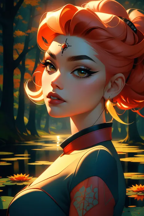 1girl, (art by John Philip Falter:0.7) and (Ric Nagualero:1.3) and (Max Magnus Norman:1.2) , studio Painting, award winning, medium shot of a Fiery highborn ([Spider|warabimochi]:1.3) , Pond water lilies background, summer cityscape and forest, Fall, deep focus, Cel shaded, Light and Bright, Bimbocore, flat lighting, F/5, Vivid Colors, intricate details, geometric patterns, 4K, award winning