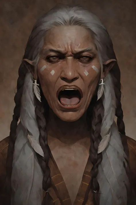 close-up photo portrait of a 100 yo old native american woman, grey hair, brown eyes, screaming face expression, twin braids, warbonnet, feathers, tribal, simple background