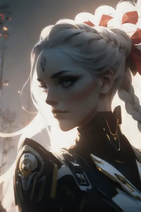 "Create an image of Kaida, the fierce leader of the Dragon Clan. She should be depicted in a detailed, dragon-themed battle attire, featuring intricate dragon symbols and armor. Her hair should be styled dramatically, and she should exude strength and authority. She stands confidently in a majestic hall with dragon sculptures and a panoramic view of mountains visible through large windows."