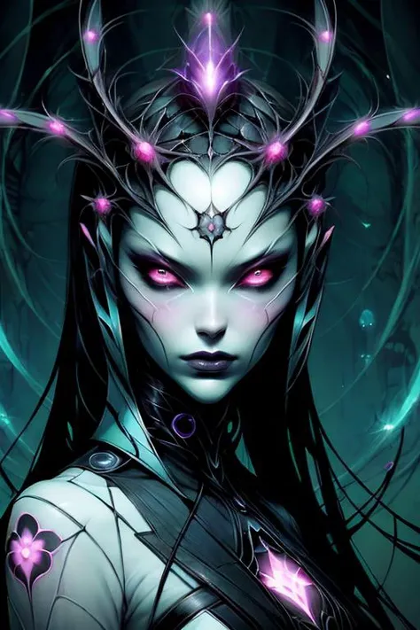 a close up of a person wearing a costume, android jones and atey ghailan, spider zero, james jean aesthetic, nurse girl, cyberpunk comic cover art, character design : : gothic, ps 5 screenshot, by Charles Williams, insect trainer girl, flower mask, luminous veins, joshua middleton comic art