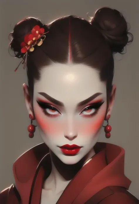 speedpainting of a woman, red lipstick, geisha makeup, looking at viewer, hair up in a bun, upper body, lips, realistic, brown eyes, robes,