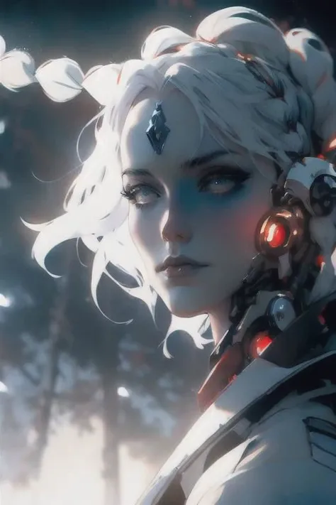 anime game, blue sky, forest, sunlit, weak lights and shadows, tree canopy, a beautiful woman with white face and white hair in a braid and red forehead ribbon, she is wearing a white futuristic darkness god radiance god mech armor radiance boss golden Titan Cyberpunk Venom Evangelion mech wreck with red trim ,