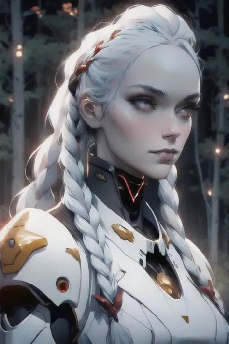 anime game, blue sky, forest, sunlit, weak lights and shadows, tree canopy, far, a beautiful woman with white face and white hair in a braid and red forehead ribbon, she is wearing a white futuristic darkness god radiance god mech armor radiance boss golden Titan Cyberpunk Venom Evangelion mech wreck with red trim ,