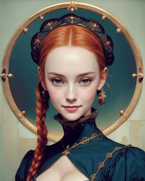 speedpainting (English Tudor period:1.3) (Beauty:1.3) photo of a 18yo, (winsome beautiful:1.2) demure, (English:1.2) Court Lady, __names-english-fictive-fc__, ( Round eyes, blue color, straight nose, full lips :1.2), ( Long facial shape, defined jawline, high cheekbones, thin eyebrows :1.2), (Pale skin tone, normal complexion )(looking at viewer) happy ( Gleaming Rapture:1.3), (innocent expression:1.2) wearing A Damask Gown with Bejeweled Coif, A regal gown in royal blue damask, adorned with intricate patterns, The high waist and wide sleeves reflect Tudor elegance, while lace at the neckline and cuffs adds femininity, Instead of a hood or headdress, a bejeweled coif, sparkling with gems, sits atop braids interwoven with ribbons and pearls, ,(Redhead), (Female Tudor Hairstyle:1.1), (hourglass figure:1.2), (large soft pillowy breasts:1.15), (cleavage), (realistic skin), (shiny skin),( skindentation),( Medieval Castle Interior:1.3), portrait, upper body shot, 3/4 view, (dynamic view:1.2), (Cinematic lighting:1.2), Deep shadows, (shallow depth of field:1.2), Shot using a (Yashica Mat-124G Camera:1.3), using an (80mm f/3.5 lens:1.3), on (Kodak Ektar film:1.3), in the style of (Norman Parkinson:1.3), (Rule of thirds:1.1), <lora:more_details:0.5> ,