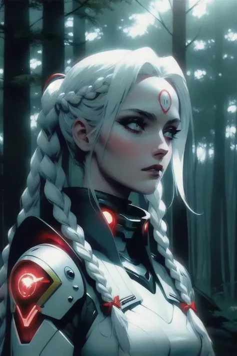 anime game, blue sky, forest, sunlit, weak lights and shadows, tree canopy, a beautiful woman with white face and white hair in a braid and red forehead ribbon, she is wearing a white futuristic darkness god radiance god mech armor radiance boss golden Titan Cyberpunk Venom Evangelion mech wreck with red trim ,