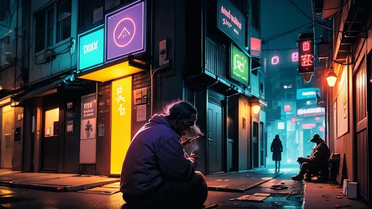 cyberpunk building, purple and cyan neon lights, hazy atmosphere, dark alleyway, japanese characters, homeless man sitting smoking a cigar, speedpainting