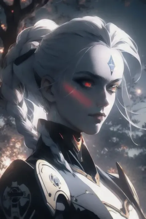 anime game, blue sky, forest, sunlit, weak lights and shadows, tree canopy, a beautiful woman with white face and white hair in a braid and red forehead ribbon, she is wearing a white futuristic darkness god radiance god mech armor radiance boss golden Titan Cyberpunk Venom Evangelion mech wreck with red trim ,