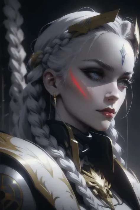 anime game, blue sky, forest, sunlit, weak lights and shadows, tree canopy, a beautiful woman with white face and white hair in a braid and red forehead ribbon, she is wearing a white futuristic darkness god radiance god mech armor radiance boss golden Titan Cyberpunk Venom Evangelion mech wreck with red trim ,