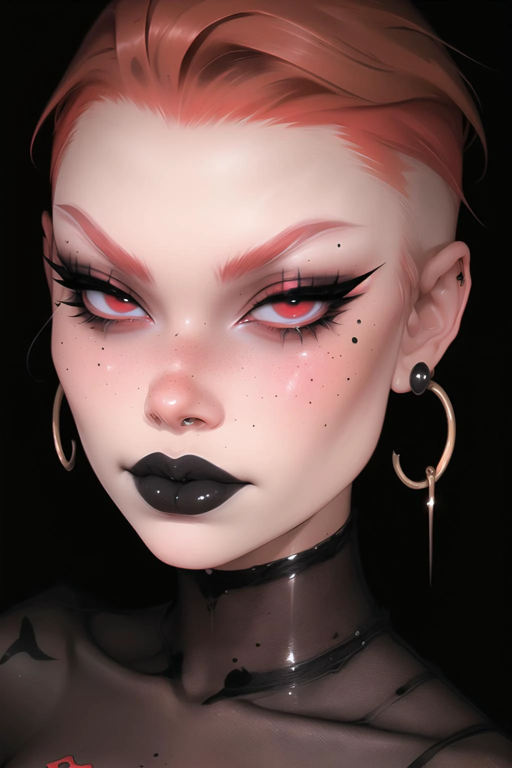 snwy girl, masterpiece, black lipstick, red eyebrows:1.5, red hair, bobcut redhead, black eyeliner, nose piercing, best quality,award winning, skindentation, freckles, <lora:snwyv1:0.8>