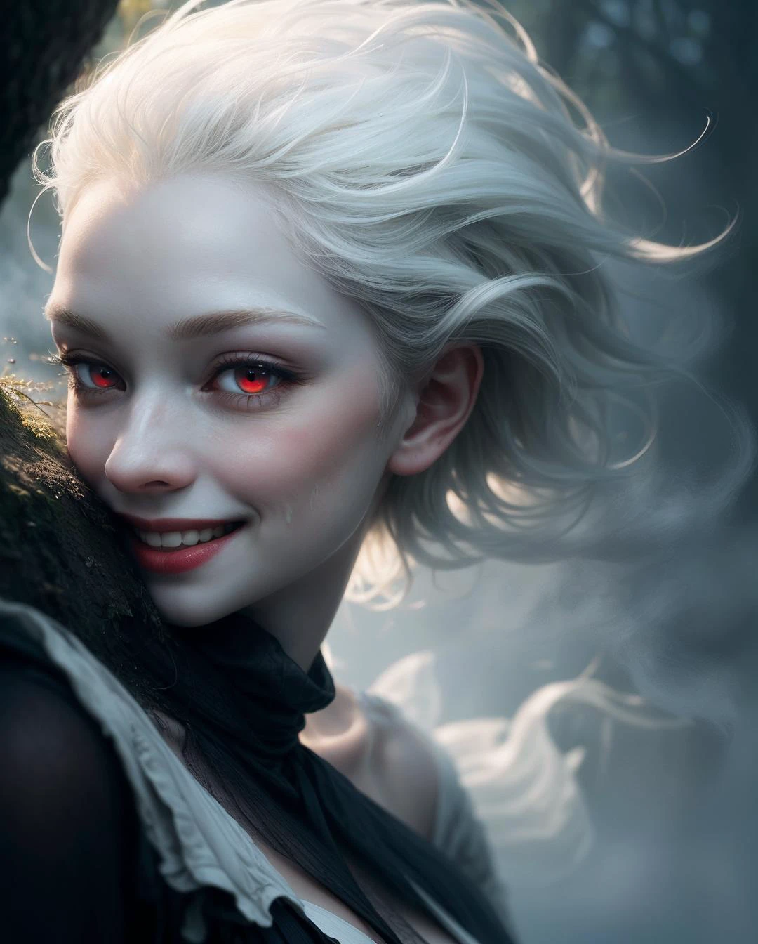 speedpainting Speedpainting, (Dark Fantasy Aesthetic:1.2), (Glamour:1.3) photo of a 20yo, (strikingly beautiful:1.2) vivacious, enigmatic, ethereal, (albino:1.3) (nymph:1.3), (albinism:1.4), Lengthened Rectangular Face with Noticeable Jaw and Cheekbones, Clean, Straight Eyebrows, Wide-Set Close-Set Eyes, Majestic Aquiline Nose, Sumptuous Full Lips, windswept (Fine) (stylish short white hair:1.3) (Red eyes:1.3), (looking at viewer), ( Cheeky Smile:1.3), (mischievous Expression:1.2), (hourglass figure:1.2), (large soft breasts:1.1), (natural breasts), (cleavage:1.1), (Ashen skin:1.3), (flawless skin:1.3), (shiny skin), diaphanous white dress, Dense Woodland, (foggy:1.4), (bathed in thick fog:1.4), (half-obscured:1.3), (Close up:1.2), Dutch Angle), (dynamic composition:1.2), (shallow depth of field:1.2), (dappled sunlight:1.2), vibrant, saturation, Shot using a (Olympus XA Camera:1.3), using a (35mm f/2.8 lens:1.3), on (Kodak Portra film:1.3), in the style of (Ansel Adams:1.3) (Rule of thirds:1.1) <lora:more_details:0.4> <lora:epiNoiseoffset_v2:0.5>