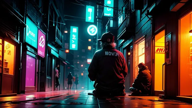 cyberpunk building, purple and cyan neon lights, hazy atmosphere, dark alleyway, japanese characters, homeless man sitting smoking a cigar, speedpainting
