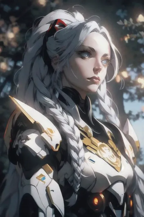 anime game, blue sky, forest, sunlit, weak lights and shadows, tree canopy, a beautiful woman with white face and white hair in a braid and red forehead ribbon, she is wearing a white futuristic darkness god radiance god mech armor radiance boss golden Titan Cyberpunk Venom Evangelion mech wreck with red trim ,