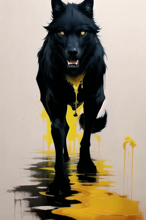 painting of a black wolf walking in a stream in the woods, paint drips liquid wax, in a menacing pose, no watermark signature, monstrous animal statues, rendered in corona, with a white muzzle, rich moody colour, adidas painting, large yellow eyes, listing image, image on the store website,
speedpainting