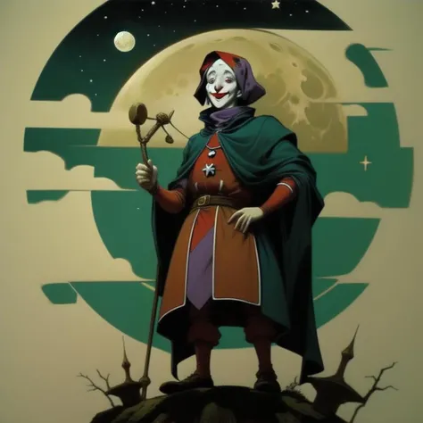 A jester standing on a hill, stars in sky, moon with face in sky, alchemical art, medieval woodcut art, esoteric, <lora:Treasure_Island:0.7>