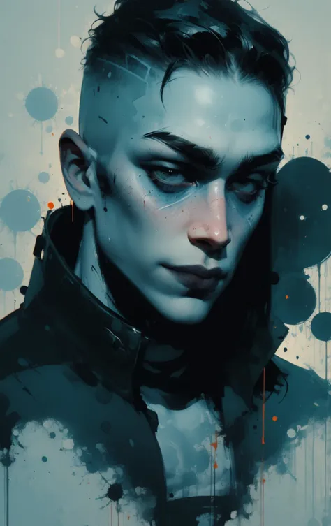 sy3 <lora:Sy3:0.7>, speedpainting, Medium Shot of 1boy of 20yo (Felipe Carvalho Souza:1.3) as elohim, look at the camera, over a ghost haunting a high-tech laboratory
