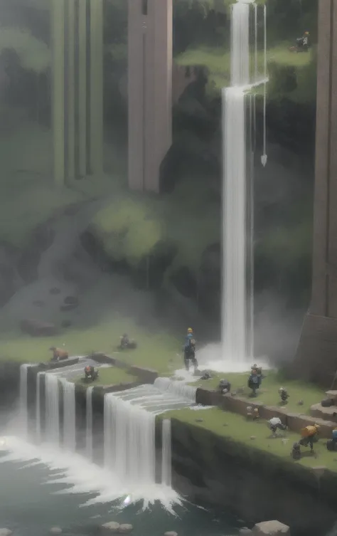 speedpainting, Waterfalls in ((isometric style)) at noon