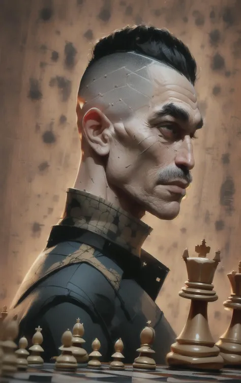 speedpainting, vast chessboard, Futuristic shot of a 1man of 50yo (W'Stihla Valaxar:1.3), Buzz Cut hair <lora:chess_20231101021259:1>