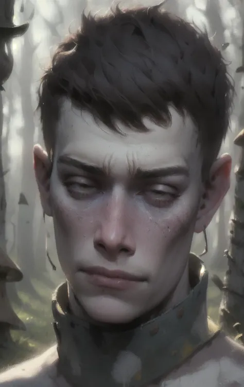speedpainting, inbox\(ttp\), a ((Cowboy Shot of 1boy of 20yo (Reegan Wood:1.3))) (that's depressed) , ((look away from the camera)), mushroom forest as background