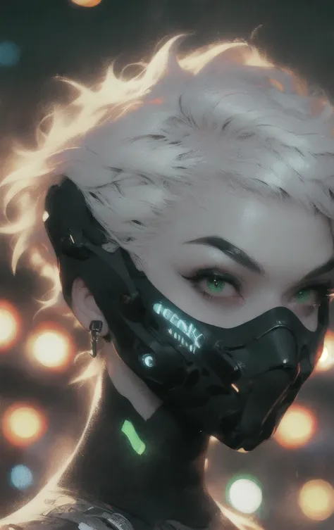 speedpainting, robot, 1girl, solo, walking in Harajuku, (bokeh, neon light:1.2), white eyebrows, glowing hair, (iridescent white hair), earrings, bangs, jewellery, mask, blunt bangs, (iridescent eyes, glowing eyes, green eyes, mouth mask), blurry background, blurry, hair ornament, (looking at the viewer), short hair, portrait, sidelocks <lora:robotbattle:1>