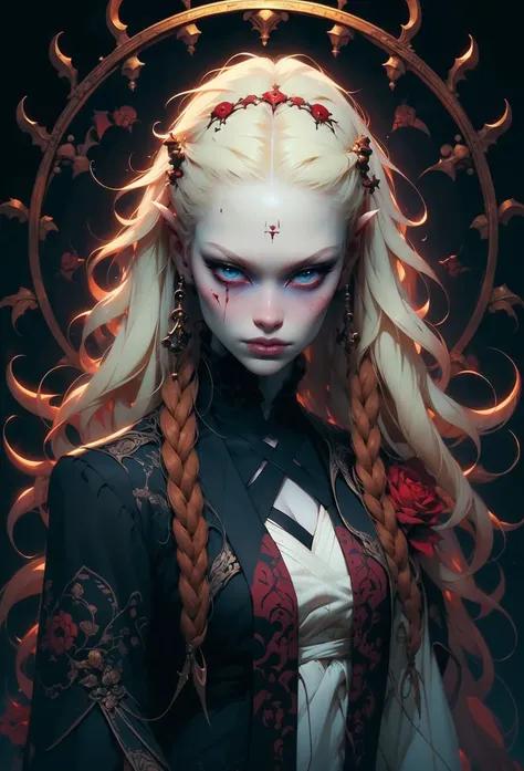 (masterpiece, top quality, best quality, official art, beautiful and aesthetic:1.2), a pale female with white skin, long flowy hair, blood dripping from above, holy, dark backgroound, black background, a dark shadow behind,<lora:detail_slider_v4:1>