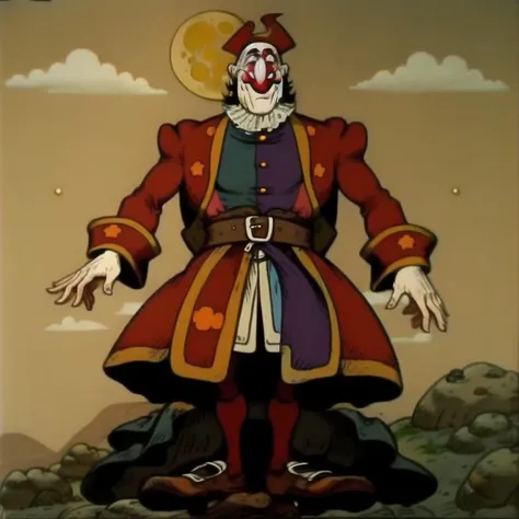 A jester standing on a dirt hill, multiple stars in sky, moon with face in sky, alchemical art, medieval woodcut art, multiple people, <lora:Treasure_Island:1.4>