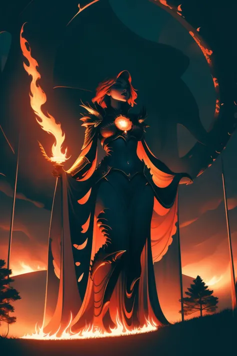 1girl, dramatic Technical illustration, fantasy Metal Statue, masterpiece Digital artwork of a Rule of Thirds, Freelance Ruthless ("Flame Leviathan":1.3) , Thundering nature in background, lush woods and flowers, Hazy conditions, soft focus, Ultra Detailed, Light and Bright, 60s Art, Gel lighting, F/1.8, Vivid Colors, Supermassive black hole, vintage, Unsplash, Best quality, emotion