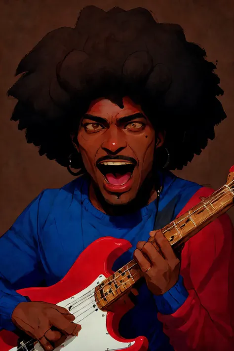 close-up photo portrait of a 45 yo african man, black afro hair, stubble, brown eyes, excited face expression, singing, red bass guitar, blue sweater, black bluesman, simple background