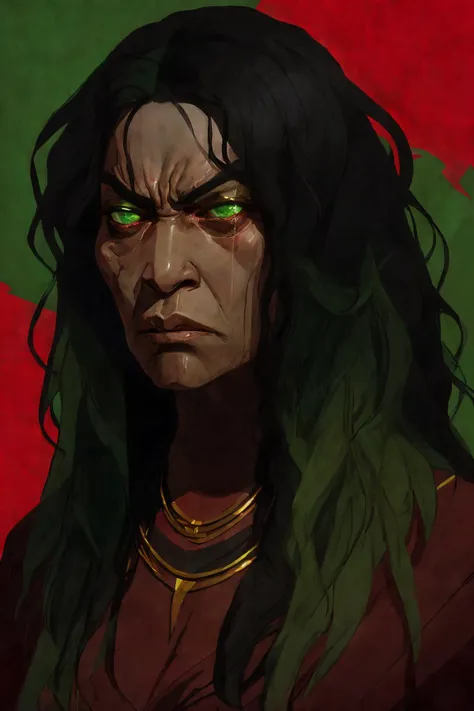 close-up photo portrait of a 60 yo samoan woman, black long curly hair, green eyes, angry face expression, chest red huge gem, necklace, chieftain, traditional, simple background