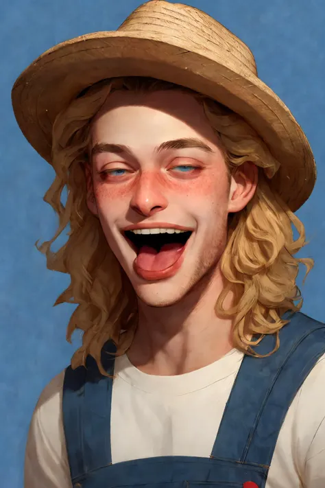 close-up photo portrait of a 20 yo european man, blond short curly hair, blue eyes, laughing face expression, freckles, denim overall, t-shirt, straw hat, farmer, simple background