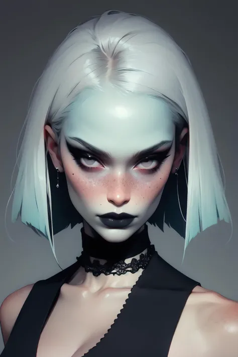 speedpainting of 1girl, mature woman, gothic makeup, Cyan hair, Caramel lipstic, Turmeric Lob (long bob), looking at viewer, upper body, lips, realistic, freckles, Silver eyes, bare shoulders, large breasts, mole, closed mouth, sleeveless, choker, nose, medium breasts, blurry background, collarbone, eyelashes, blurry, zipper, fishnets,