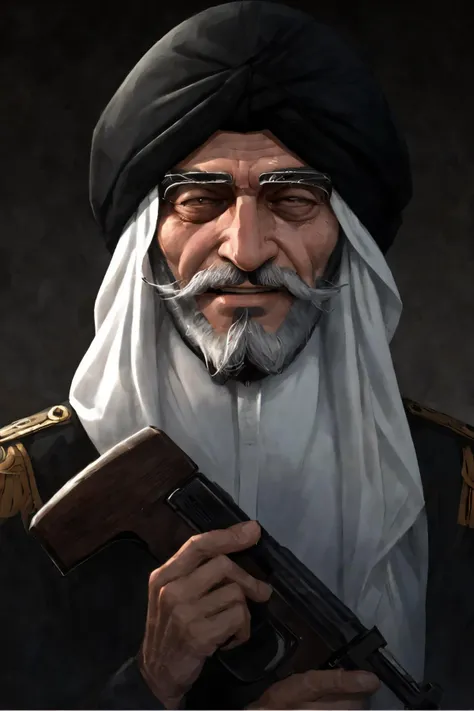 close-up photo portrait of a 80 yo aged Arab man, short grey hair, beard, black eyes, joyful face expression, turban, holding ak-47, military, simple background