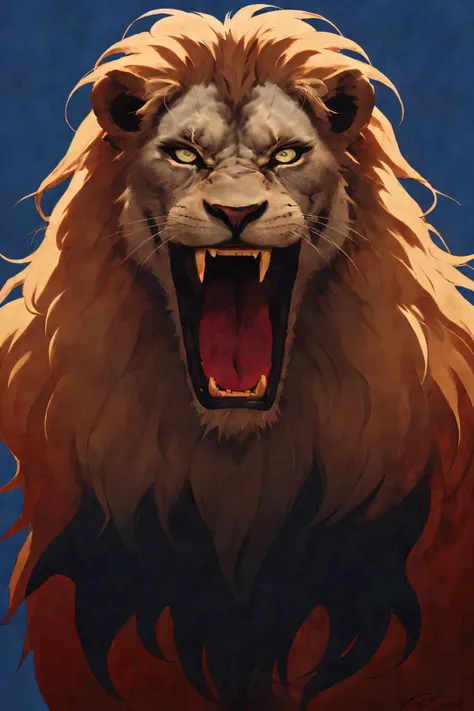 close-up photo portrait of a great red lion, blue eyes, very long lion's mane, roaring, open mouth, fangs, animal, no humans, simple background