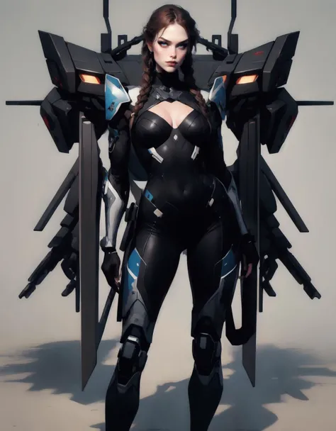 1girl, science fiction, brown hair, looking at viewer, solo, long hair, full body, standing, armor, blue eyes, robot, english text, earrings, bodysuit, braid, jewelry, mecha, power armor, fingerless gloves, lips, machinery, breasts, gloves, arms at sides, closed mouth, power suit, mecha musume, grey eyes,
speedpaint