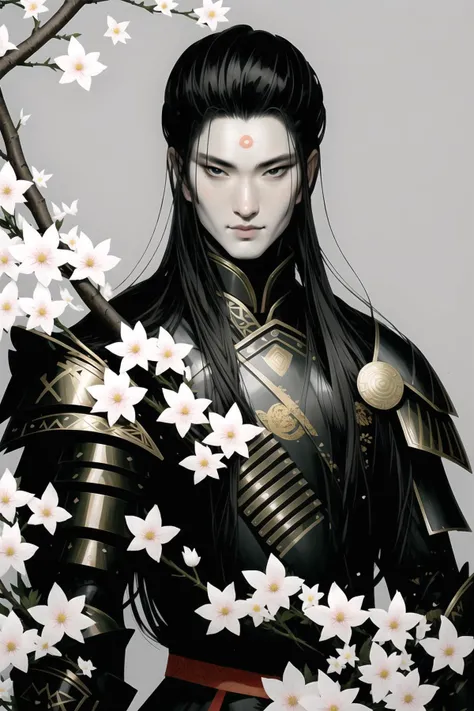 there is a man in armor standing in a tree with flowers, anime wallpaper, samurai portrait photo, asset on grey background, hybrid from dynasty warriror, removed watermarks, satoshi, indian warrior, youtube thumbnail, inspired by Nara Yoshitomo, sakimichan frank franzzeta, solid black