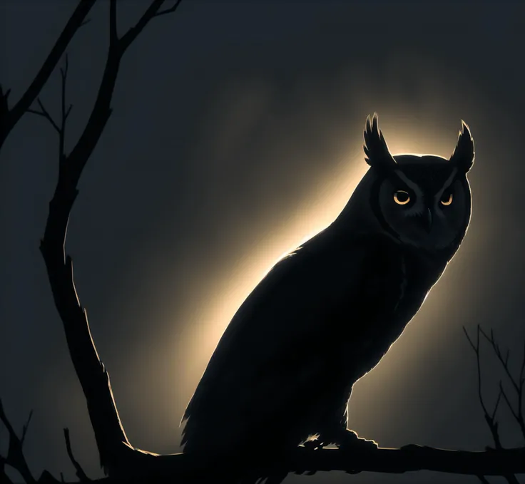 silhouette style, cinematic film still of the silhouette of an owl sitting on a branch at night, very detailed, haze lighting, backlit, 4k uhd masterpiece