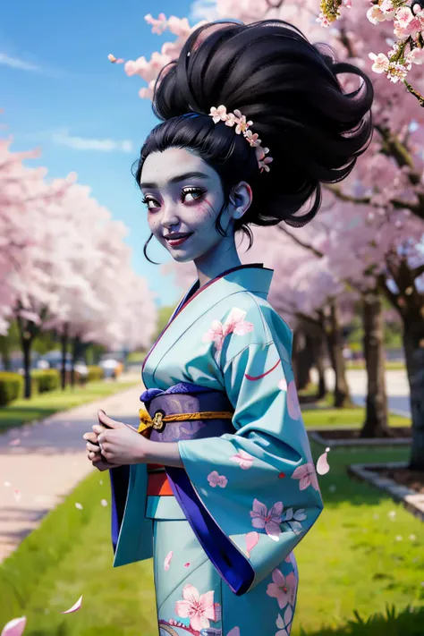 TheSpirit, white eyes, blue skin, long black hair, floating hair,wearing a green traditional kimono, sash, long sleeves, looking at viewer, smiling, standing, outside, garden, cherry blossom, blue sky, high quality, masterpiece, <lora:TheSpiritDE:.8>