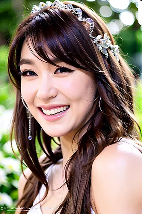 a photo of a woman , (tiffany young:1.3) , a closeup of woman face , rendered in octane , rendered in unreal engine , realistic photography, ultra-realistic, detailed eyes, photorealistic, realistic, real life, photograph, happy, soft lighting ,  face closeup  , masterpiece , sharp focus , cinematic lighting , rim lighting , glossy skin , shiny skin ,  <lora:femm_tiffany_young_20230523_henmix_LORA_small:1> , (tiffany_young:1.2) , soft lighting ,  , smiling , , ring fill flash , vibrant colors ,  refraction , prism , rainbow , lensflare ,  face focus , looking at viewer , mascara  , sparkling eyes , pov face closeup , fisheye lens   , eyeshadow   , black hair , blush , nose blush ,  (happy , smiling , joy :1.1) , hoop earrings , pink lipstick , , choker , white wedding gown dress , pale , wedding veil , romantic , dark night , moonlight , flowers ivy , translucent veil , , leaf tiara ,  queen  of plants , princess , smiling , eye smile , snsd , smile ,