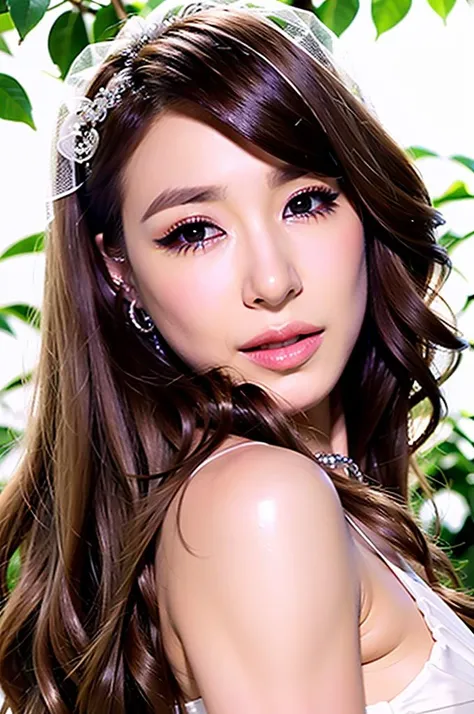 a photo of a woman , (tiffany young:1.2) , a closeup of woman face , rendered in octane , rendered in unreal engine , realistic photography, ultra-realistic, detailed eyes, photorealistic, realistic, real life, photograph, happy, soft lighting , face closeup , masterpiece , sharp focus , cinematic lighting , rim lighting , glossy skin , shiny skin , <lora:femm_tiffany_young_20230523_henmix_LORA_small:1> , (tiffany_young:1.2) , soft lighting ,, ring fill flash , vibrant colors , refraction , prism , rainbow , lensflare , face focus , looking at viewer , mascara , sparkling eyes , pov face closeup , fisheye lens , eyeshadow , black hair , blush , nose blush , happy , hoop earrings , pink lipstick , choker , white wedding gown dress , pale , wedding veil , romantic , dark night , moonlight , flowers ivy , translucent veil , , leaf tiara , queen of plants , princess , snsd